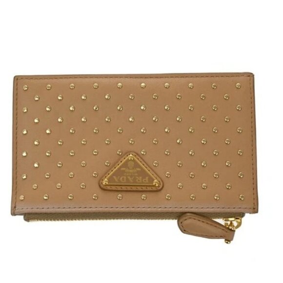 PRADA Logo Zipper Fragment Coin Case Wallet Studs Leather Brown Italy 30RL648 main image 5